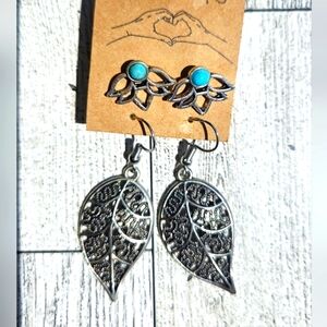 Silver Lotus Leaf Earrings with Turquoise Accents